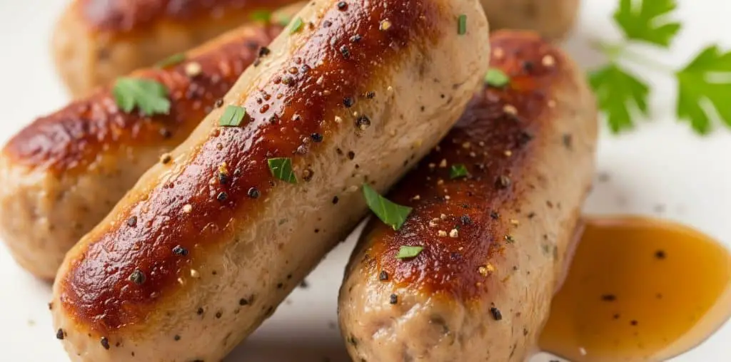 Juicy homemade chicken breakfast sausage links cooked to golden brown, seasoned with herbs and black pepper, served with maple syrup, healthy high-protein breakfast option.