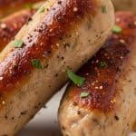 Juicy homemade chicken breakfast sausage links cooked to golden brown, seasoned with herbs and black pepper, served with maple syrup, healthy high-protein breakfast option.