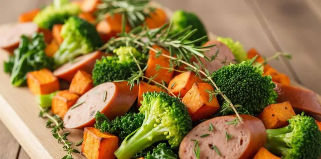 Sliced chicken sausage with roasted sweet potato cubes and fresh broccoli, garnished with herbs on a wooden board, healthy chicken sausage and sweet potato meal idea