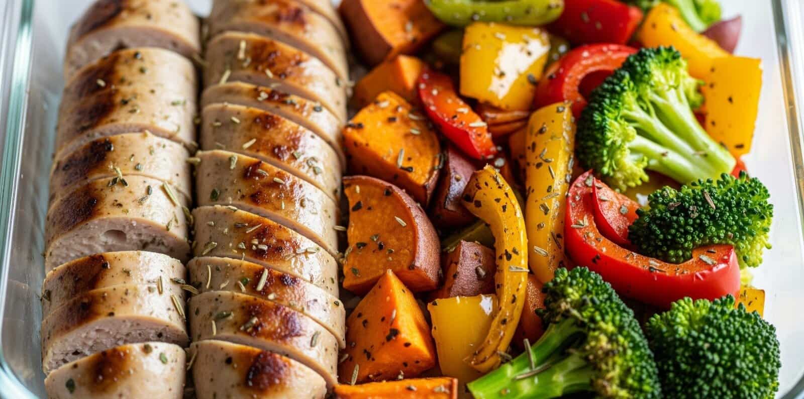 Healthy meal prep containers filled with roasted sweet potatoes, sliced chicken sausage, and broccoli for a balanced weekly lunch.