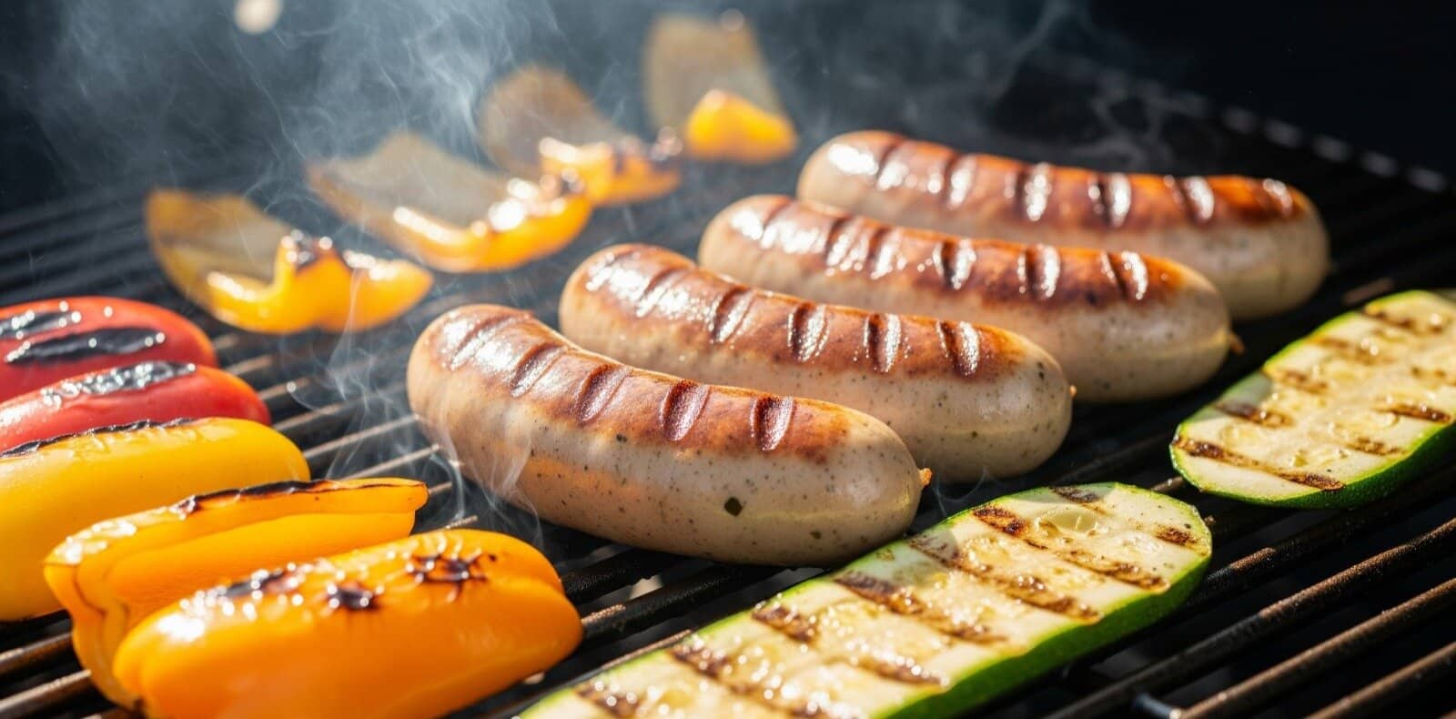Healthy grilled chicken sausages with red and yellow bell peppers and zucchini, perfect for a low-fat BBQ meal.