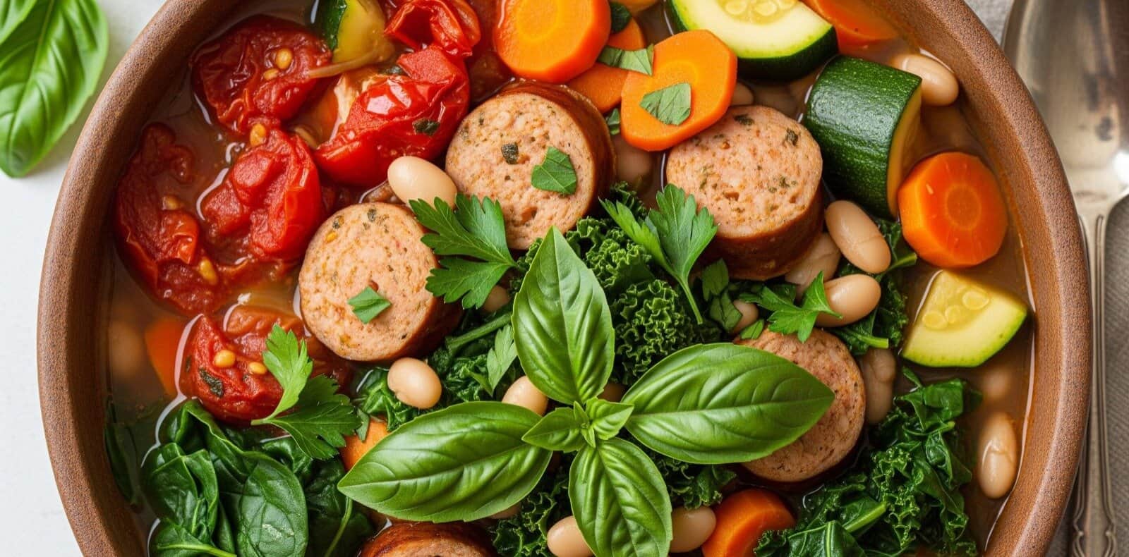 Chicken sausage soup with kale, carrots, tomatoes, zucchini, and white beans in a savory broth, a healthy and nutritious meal.