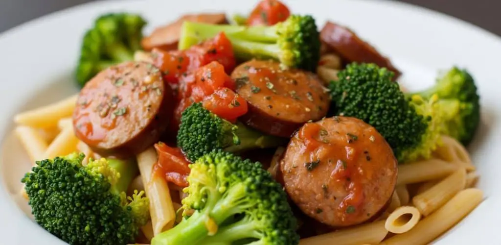 Delicious chicken sausage and broccoli pasta served with tomato chunks and penne on a white plate, perfect for a balanced and satisfying meal.