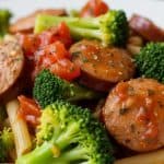 Delicious chicken sausage and broccoli pasta served with tomato chunks and penne on a white plate, perfect for a balanced and satisfying meal.