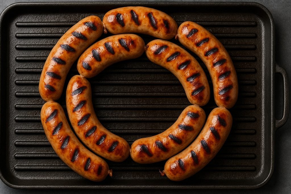Cook The Restaurant's Food at Home 38 Grilled chicken sausage ring on a cast iron pan, showing how long to grill chicken sausage ring for perfect char marks.