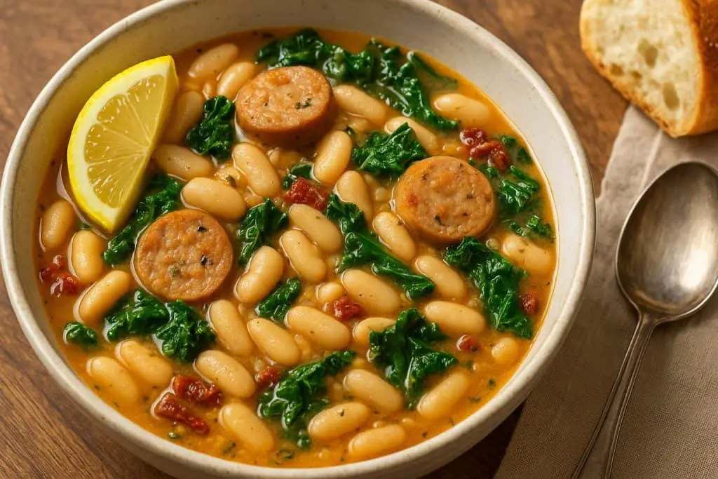 Chicken sausage and white bean stew served with greens, lemon wedge, and crusty bread in a ceramic bowl