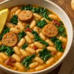 Chicken sausage and white bean stew served with greens, lemon wedge, and crusty bread in a ceramic bowl