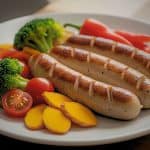 Grilled chicken sausages served on a white plate with chicken sausage anti-inflammatory pairing vegetables.