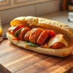 A delicious chicken sausage hoagie filled with grilled peppers and cheese, resting on a wooden cutting board.