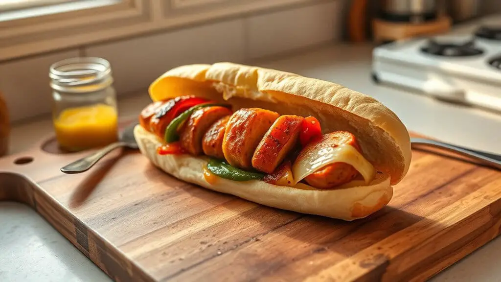 A delicious chicken sausage hoagie filled with grilled peppers and cheese, resting on a wooden cutting board.