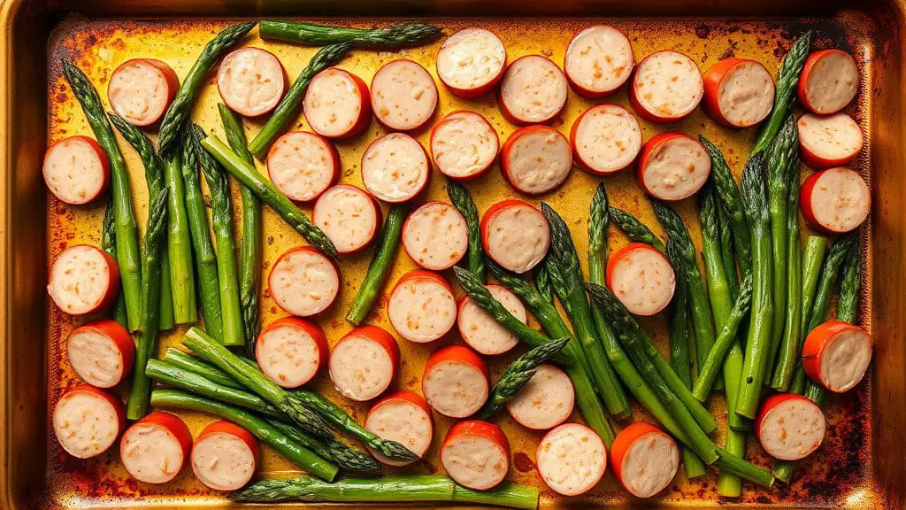A roasted dish of chicken sausage and asparagus, featuring sliced sausage and vibrant green asparagus on a baking tray.