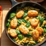 A skillet of chicken sausage and orzo pasta, garnished with fresh basil and cherry tomatoes, on a wooden surface.