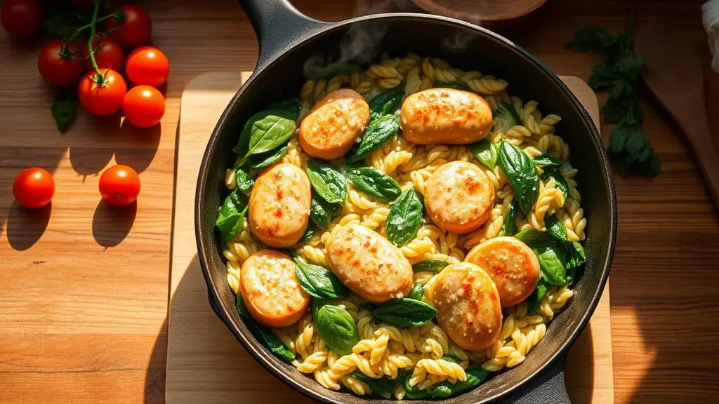 A skillet of chicken sausage and orzo pasta, garnished with fresh basil and cherry tomatoes, on a wooden surface.