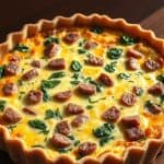 A freshly baked chicken sausage and spinach quiche, golden and filled with chunks of sausage and vibrant spinach.