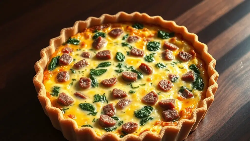 A freshly baked chicken sausage and spinach quiche, golden and filled with chunks of sausage and vibrant spinach.