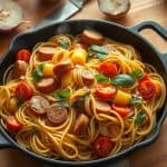 A skillet with chicken sausage linguine recipe, featuring cherry tomatoes, zucchini, and fresh basil on a wooden surface.
