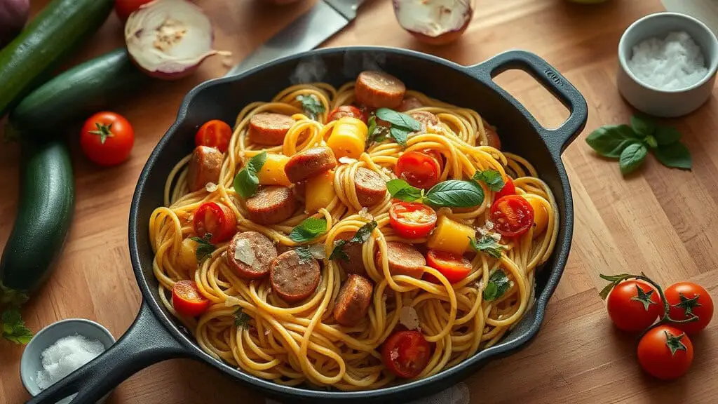 A skillet with chicken sausage linguine recipe, featuring cherry tomatoes, zucchini, and fresh basil on a wooden surface.
