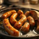 Sizzling chicken sausage in a skillet, illustrating how to cook chicken sausage on stove with a wooden spoon nearby.