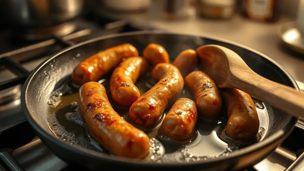 Sizzling chicken sausage in a skillet, illustrating how to cook chicken sausage on stove with a wooden spoon nearby.