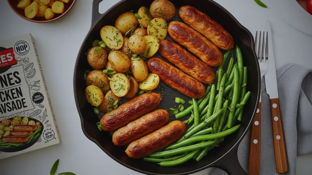 Cooked chicken sausage served in a skillet with roasted potatoes and green beans, styled with Jones sausage packaging for a healthy meal presentation.