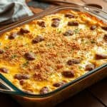 A golden-brown chicken sausage and wild rice casserole baked in a glass dish, ready to serve on a wooden table.