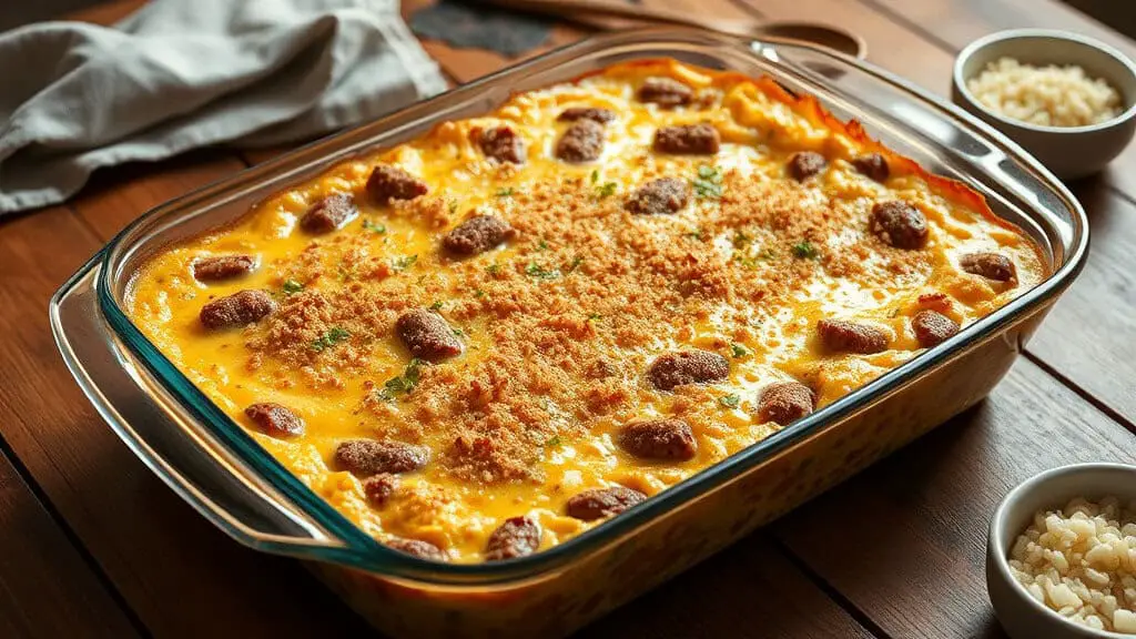 A golden-brown chicken sausage and wild rice casserole baked in a glass dish, ready to serve on a wooden table.