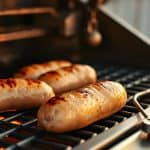 Grilling chicken sausage on a gas grill, showcasing perfect browning to illustrate how long to grill chicken sausage.