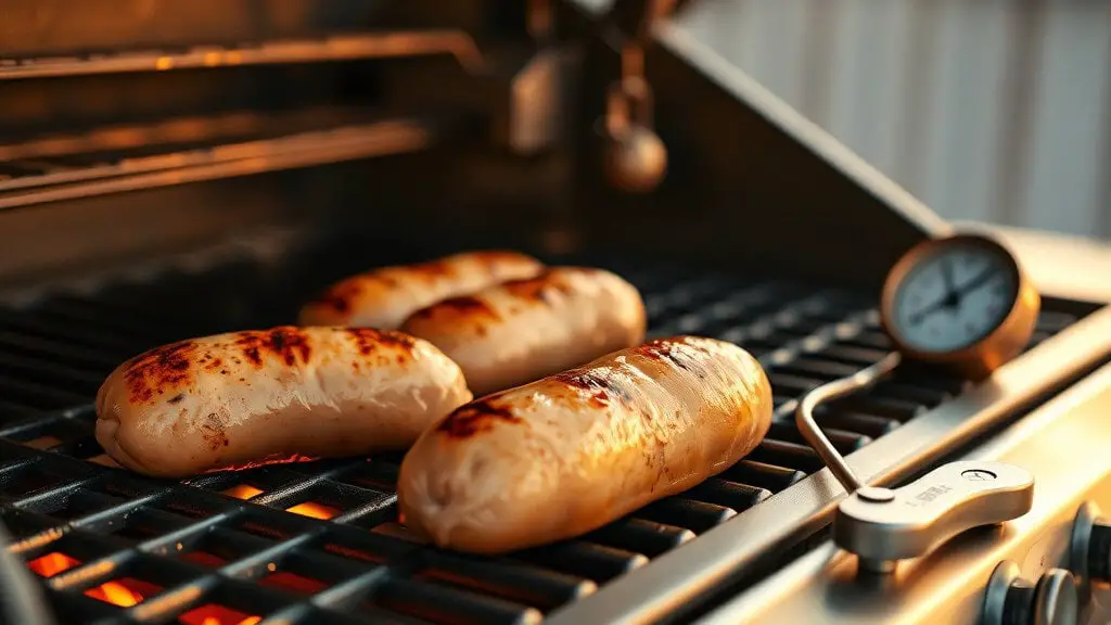 Grilling chicken sausage on a gas grill, showcasing perfect browning to illustrate how long to grill chicken sausage.