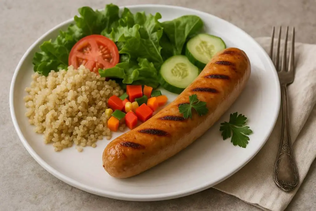 Chicken sausage with sautéed greens, roasted cauliflower, and herbs on a ceramic plate.