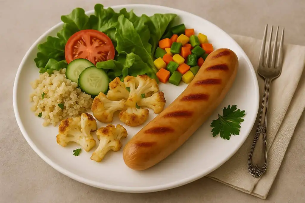 Chicken sausage with grilled asparagus, mixed greens, and lemon wedges on a plate