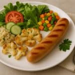 Chicken sausage with grilled asparagus, mixed greens, and lemon wedges on a plate