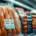 Packaged chicken hot dogs neatly arranged on store shelves, with labels prominently displayed.