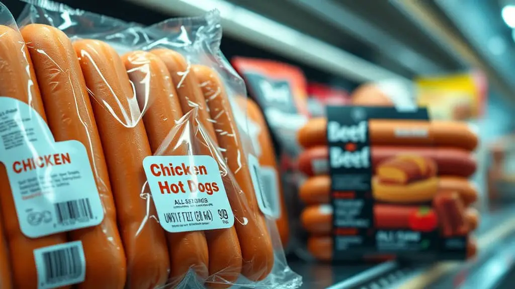 Packaged chicken hot dogs neatly arranged on store shelves, with labels prominently displayed.