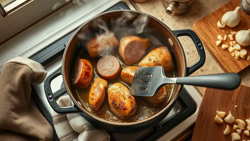 A pot steaming with chicken and sausage, showcasing a savory one pot meal in a cozy kitchen environment.
