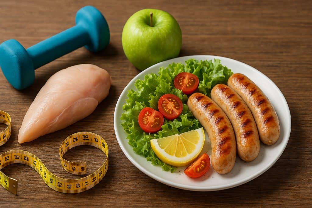 Chicken sausages, fresh vegetables, and scale represent flavorful weight loss protein