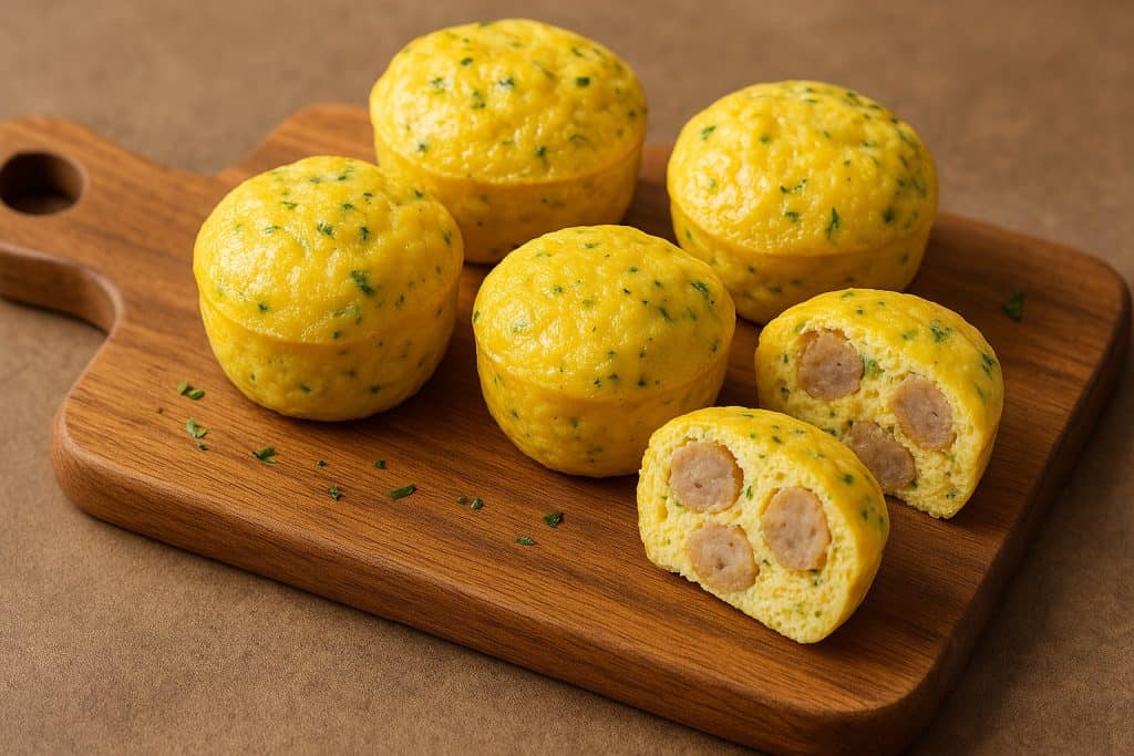 Cook The Restaurant's Food at Home 35 Chicken sausage egg bites on cutting board, illustrating wholesome and protein-rich snack choice