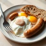 Hearty breakfast platter with fried eggs, chicken sausages, and whole grain toast