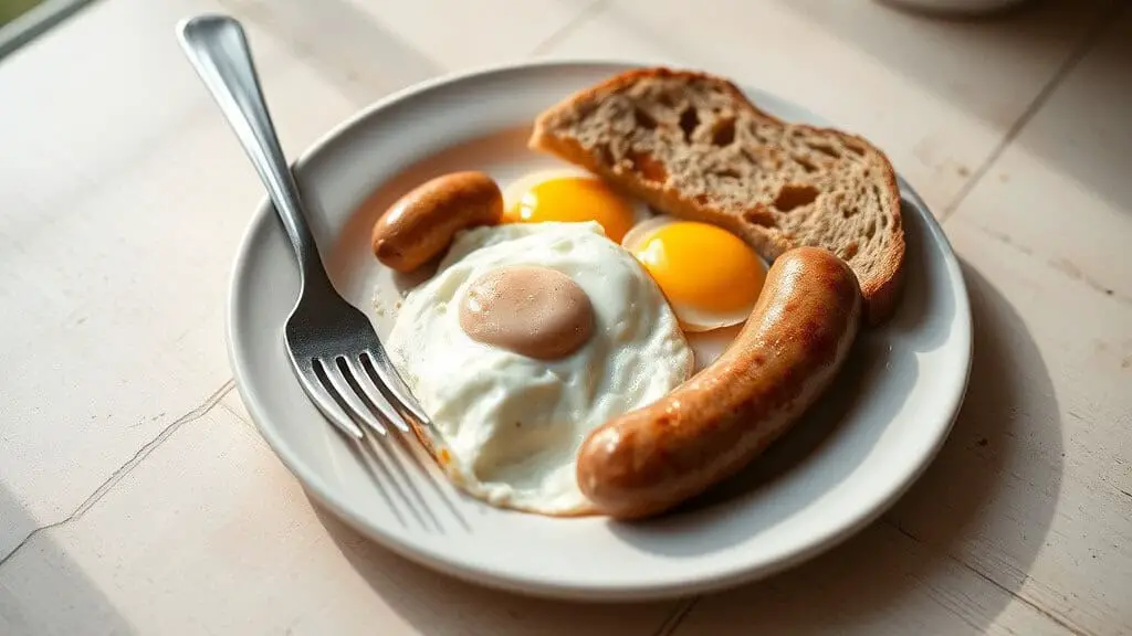 Hearty breakfast platter with fried eggs, chicken sausages, and whole grain toast
