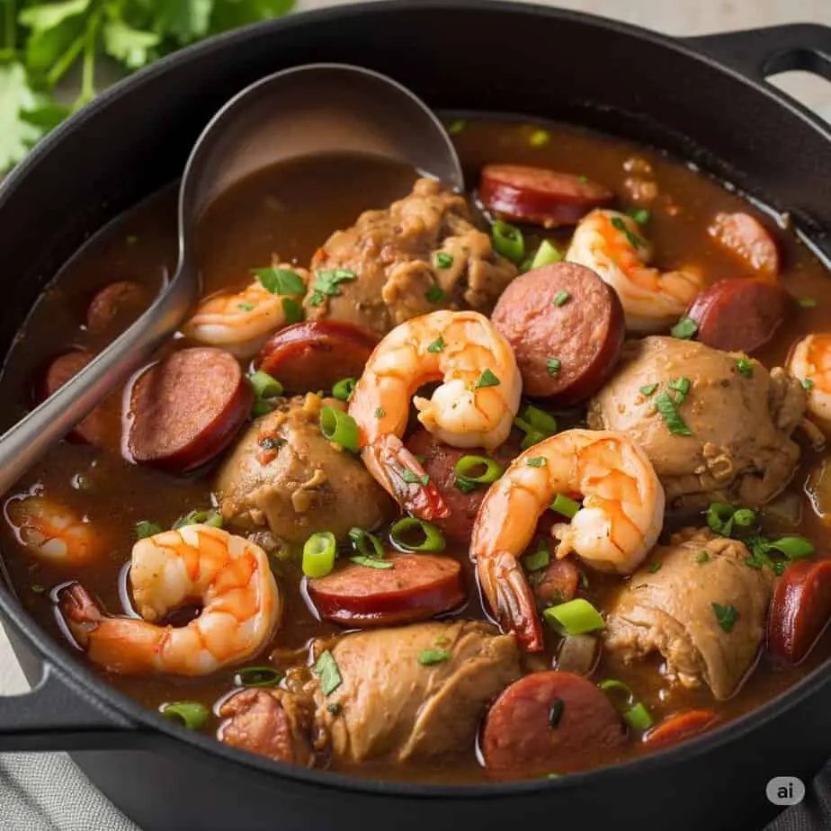 A close-up photo of a rich and savory Chicken, Shrimp, and Sausage Gumbo in a cast-iron pot.