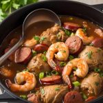 A close-up photo of a rich and savory Chicken, Shrimp, and Sausage Gumbo in a cast-iron pot.
