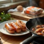 "Costco’s Amylu chicken sausages frying in a skillet, with three cooked sausages plated and product packaging visible in the background, perfect for a taste test review."