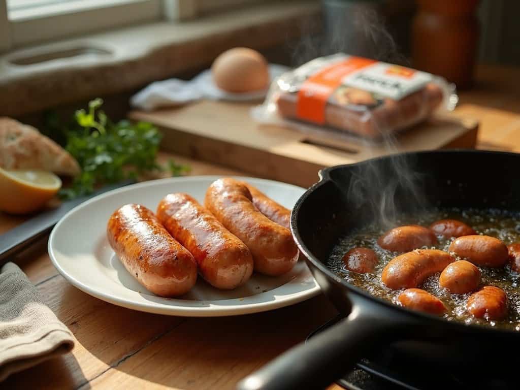 "Costco’s Amylu chicken sausages frying in a skillet, with three cooked sausages plated and product packaging visible in the background, perfect for a taste test review."