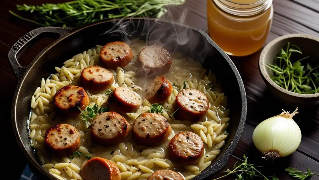 Savory chicken sausage orzotto dish simmering in a cast-iron pan, surrounded by fresh herbs, onions, and a jar of honey, creating a mouthwatering scene.