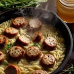 Savory chicken sausage orzotto dish simmering in a cast-iron pan, surrounded by fresh herbs, onions, and a jar of honey, creating a mouthwatering scene.