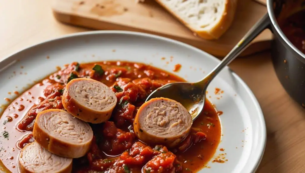 Savory chicken sausage slices bathed in a vibrant marinara sauce, creating a hearty and flavorful dish served with freshly baked bread.