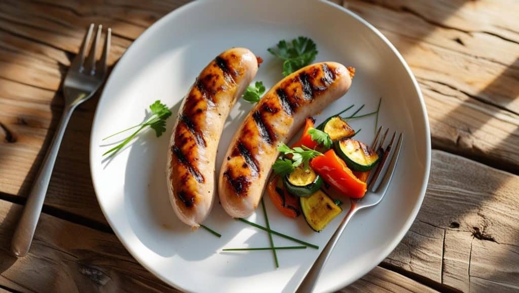Assortment of grilled chicken sausages and fresh lettuce salad on a wooden board, highlighting the savory components of a balanced meal.