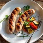 Assortment of grilled chicken sausages and fresh lettuce salad on a wooden board, highlighting the savory components of a balanced meal.