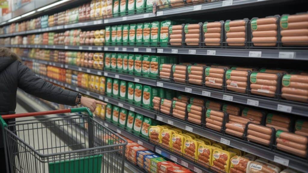 Shopping aisle with various sausages; find out where to buy Delia's chicken sausage.