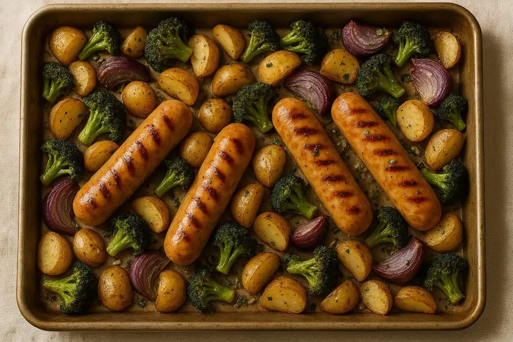 Roasted chicken sausages, potatoes, peppers, and herbs arranged on a sheet pan.