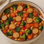 Hearty one-pot chicken sausage stew with vegetables, simmering in a rustic Dutch oven.